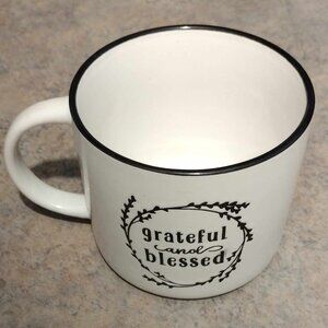 1/2 Quart Embossed "Grateful and Blessed" Ceramic White Bowl Mug with Handle